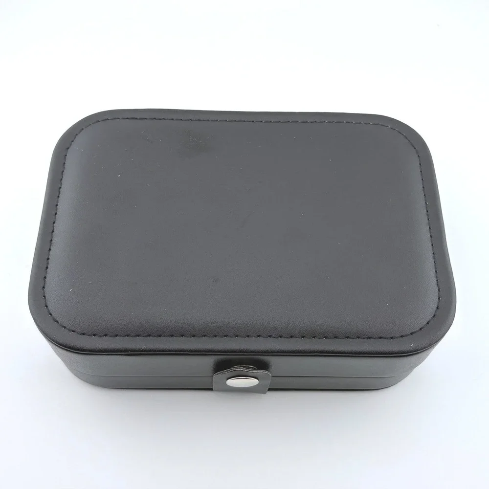 Black Faux Leather Travel Jewelry Box Organizer Case  Ring Rolls Cream Lining